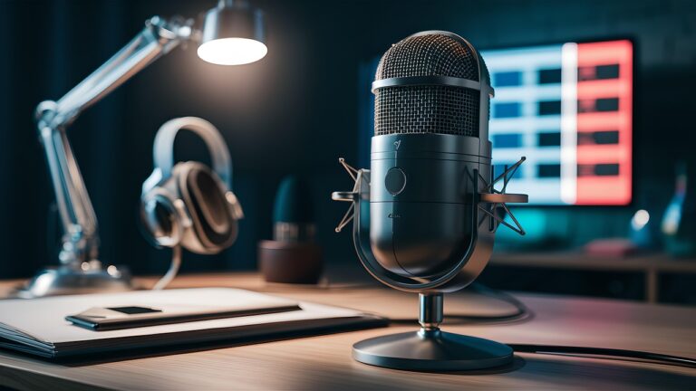 Professional podcast microphone on a desk with headphones and laptop, representing how law firms repurpose podcast episodes into multiple marketing content formats