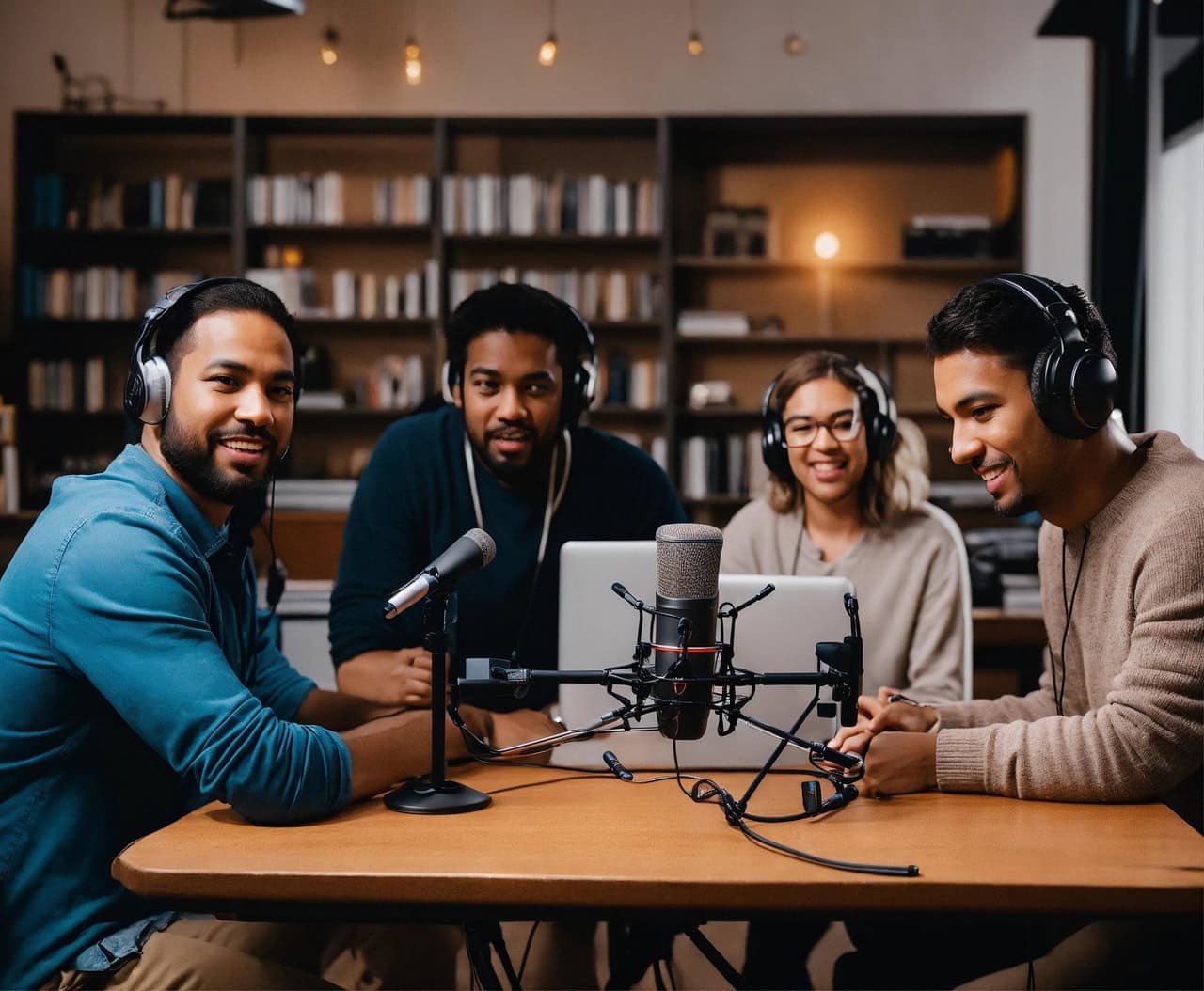 Professional team recording a podcast with microphones and headphones in a modern studio, discussing ideas and building authority through audio content